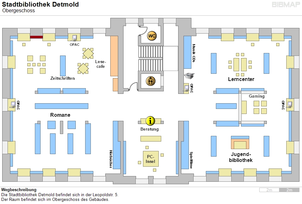Bild zur Standortanzeige Wegbeschreibung
Die Stadtbibliothek Detmold befindet sich in der Leopoldstr. 5.
Der Raum befindet sich im Obergeschoss des Gebudes.