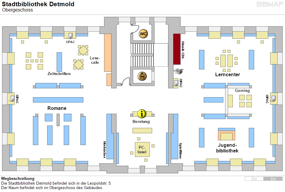 Bild zur Standortanzeige Wegbeschreibung
Die Stadtbibliothek Detmold befindet sich in der Leopoldstr. 5.
Der Raum befindet sich im Obergeschoss des Gebudes.