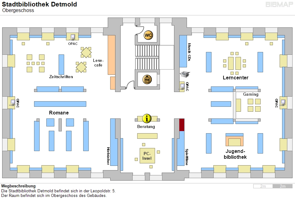 Bild zur Standortanzeige Wegbeschreibung
Die Stadtbibliothek Detmold befindet sich in der Leopoldstr. 5.
Der Raum befindet sich im Obergeschoss des Gebudes.