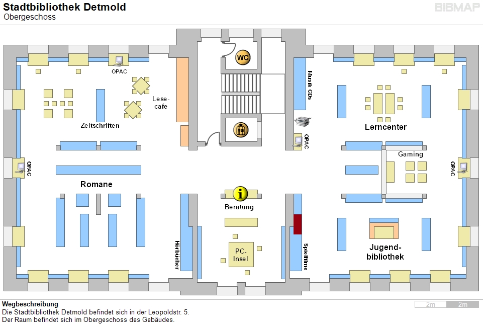 Bild zur Standortanzeige Wegbeschreibung
Die Stadtbibliothek Detmold befindet sich in der Leopoldstr. 5.
Der Raum befindet sich im Obergeschoss des Gebudes.