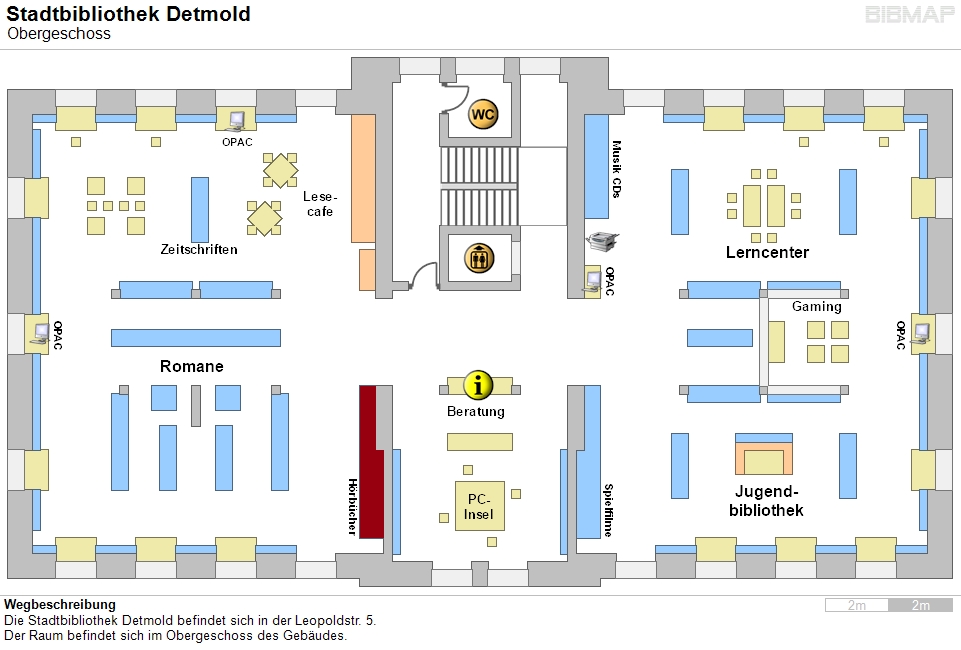 Bild zur Standortanzeige Wegbeschreibung
Die Stadtbibliothek Detmold befindet sich in der Leopoldstr. 5.
Der Raum befindet sich im Obergeschoss des Gebudes.