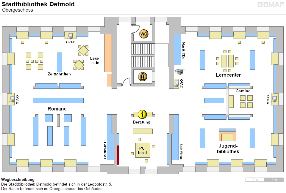 Bild zur Standortanzeige Wegbeschreibung
Die Stadtbibliothek Detmold befindet sich in der Leopoldstr. 5.
Der Raum befindet sich im Obergeschoss des Gebudes.