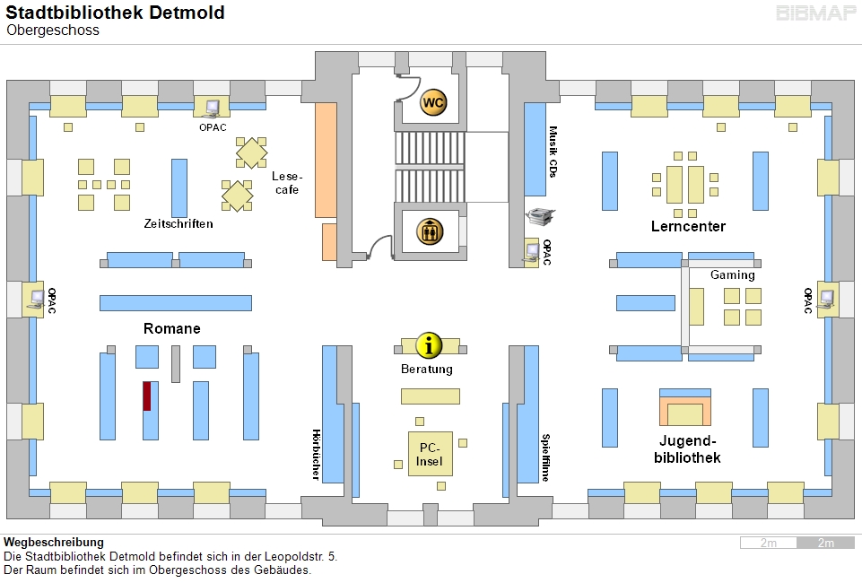 Bild zur Standortanzeige Wegbeschreibung
Die Stadtbibliothek Detmold befindet sich in der Leopoldstr. 5.
Der Raum befindet sich im Obergeschoss des Gebudes.