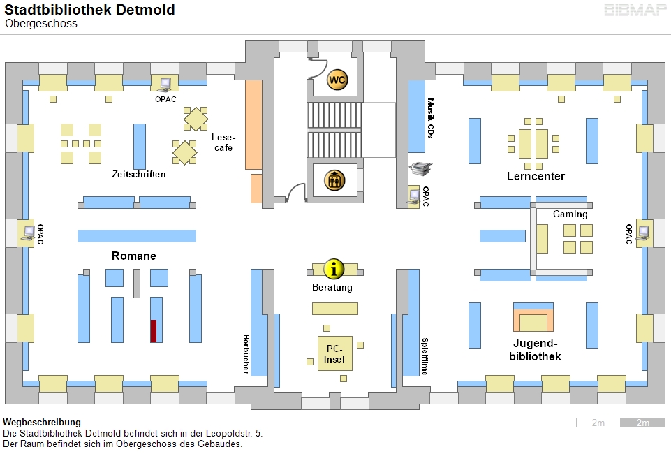 Bild zur Standortanzeige Wegbeschreibung
Die Stadtbibliothek Detmold befindet sich in der Leopoldstr. 5.
Der Raum befindet sich im Obergeschoss des Gebudes.