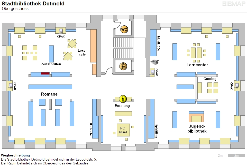 Bild zur Standortanzeige Wegbeschreibung
Die Stadtbibliothek Detmold befindet sich in der Leopoldstr. 5.
Der Raum befindet sich im Obergeschoss des Gebudes.