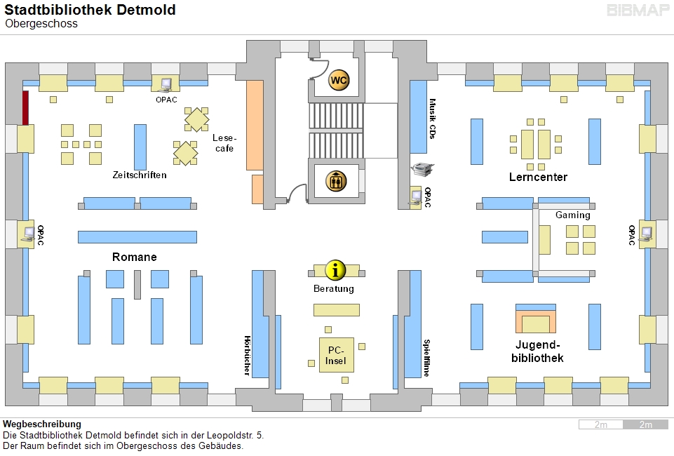 Bild zur Standortanzeige Wegbeschreibung
Die Stadtbibliothek Detmold befindet sich in der Leopoldstr. 5.
Der Raum befindet sich im Obergeschoss des Gebudes.