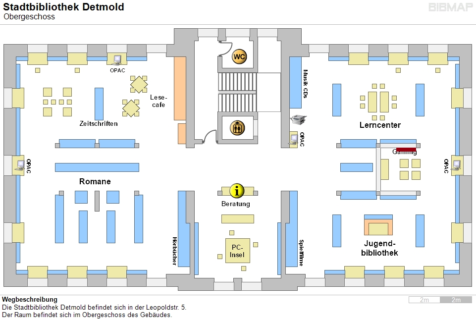 Bild zur Standortanzeige Wegbeschreibung
Die Stadtbibliothek Detmold befindet sich in der Leopoldstr. 5.
Der Raum befindet sich im Obergeschoss des Gebudes.