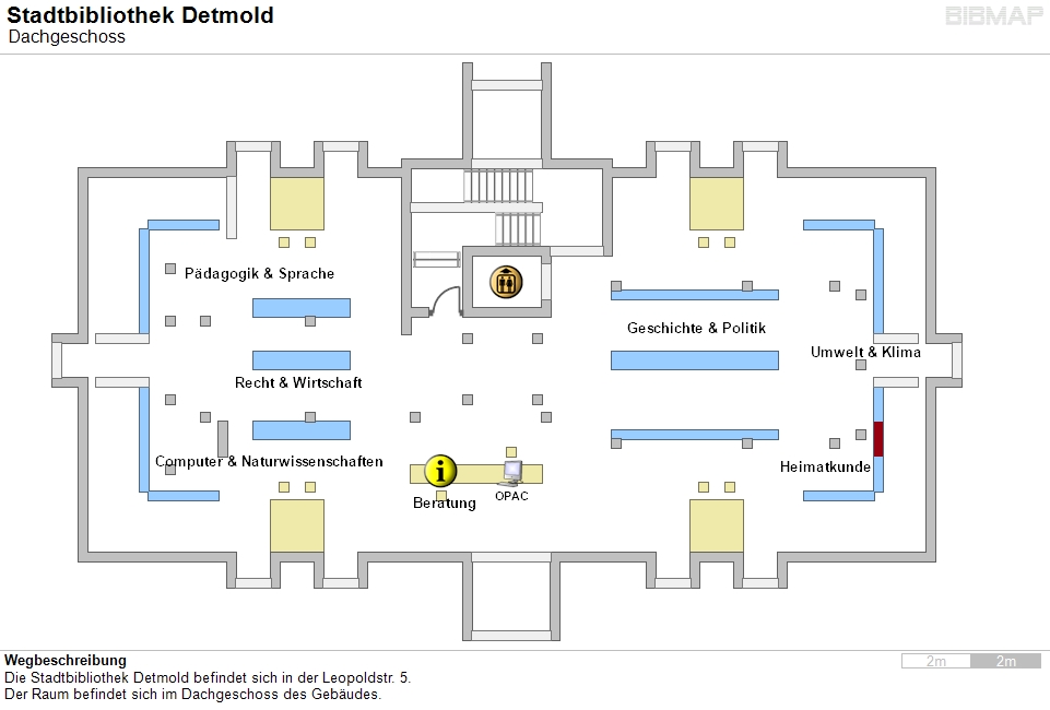 Bild zur Standortanzeige Wegbeschreibung
Die Stadtbibliothek Detmold befindet sich in der Leopoldstr. 5.
Der Raum befindet sich im Dachgeschoss des Gebudes.