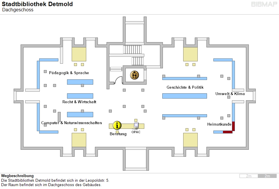 Bild zur Standortanzeige Wegbeschreibung
Die Stadtbibliothek Detmold befindet sich in der Leopoldstr. 5.
Der Raum befindet sich im Dachgeschoss des Gebudes.