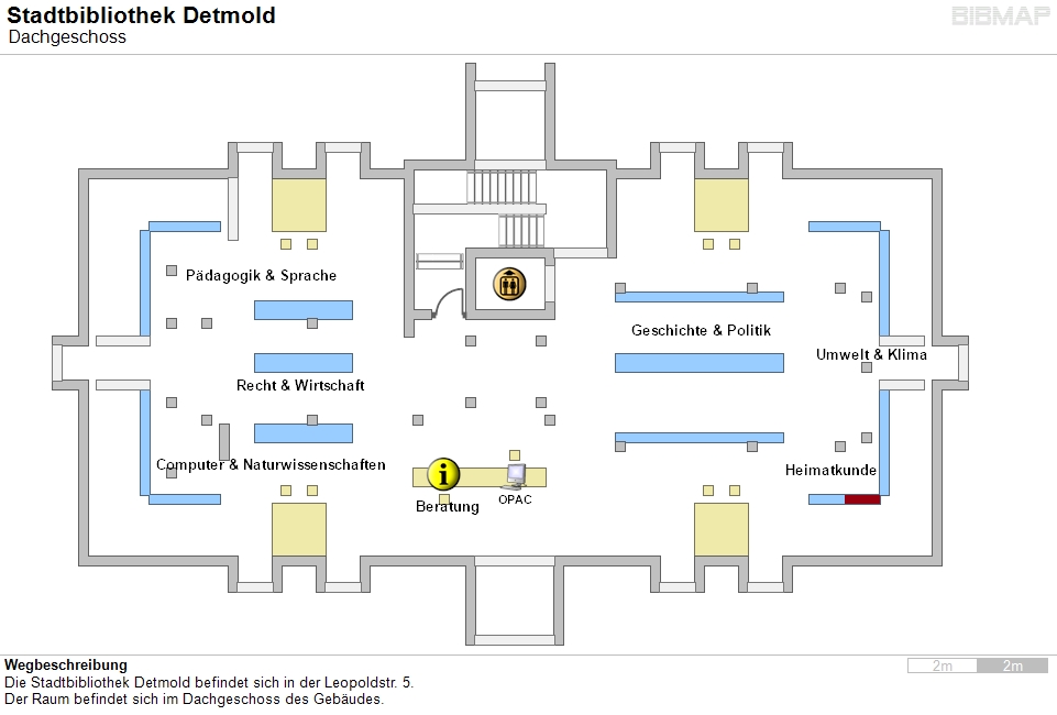 Bild zur Standortanzeige Wegbeschreibung
Die Stadtbibliothek Detmold befindet sich in der Leopoldstr. 5.
Der Raum befindet sich im Dachgeschoss des Gebudes.