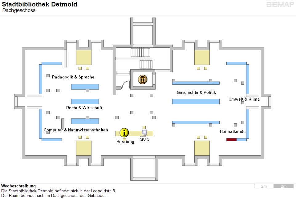 Bild zur Standortanzeige Wegbeschreibung
Die Stadtbibliothek Detmold befindet sich in der Leopoldstr. 5.
Der Raum befindet sich im Dachgeschoss des Gebudes.