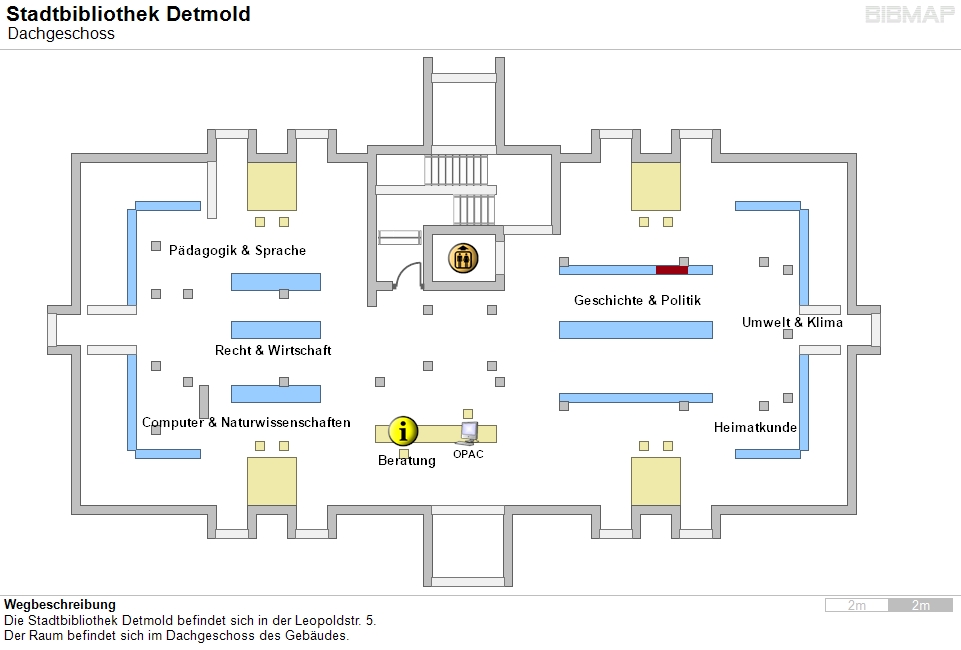Bild zur Standortanzeige Wegbeschreibung
Die Stadtbibliothek Detmold befindet sich in der Leopoldstr. 5.
Der Raum befindet sich im Dachgeschoss des Gebudes.