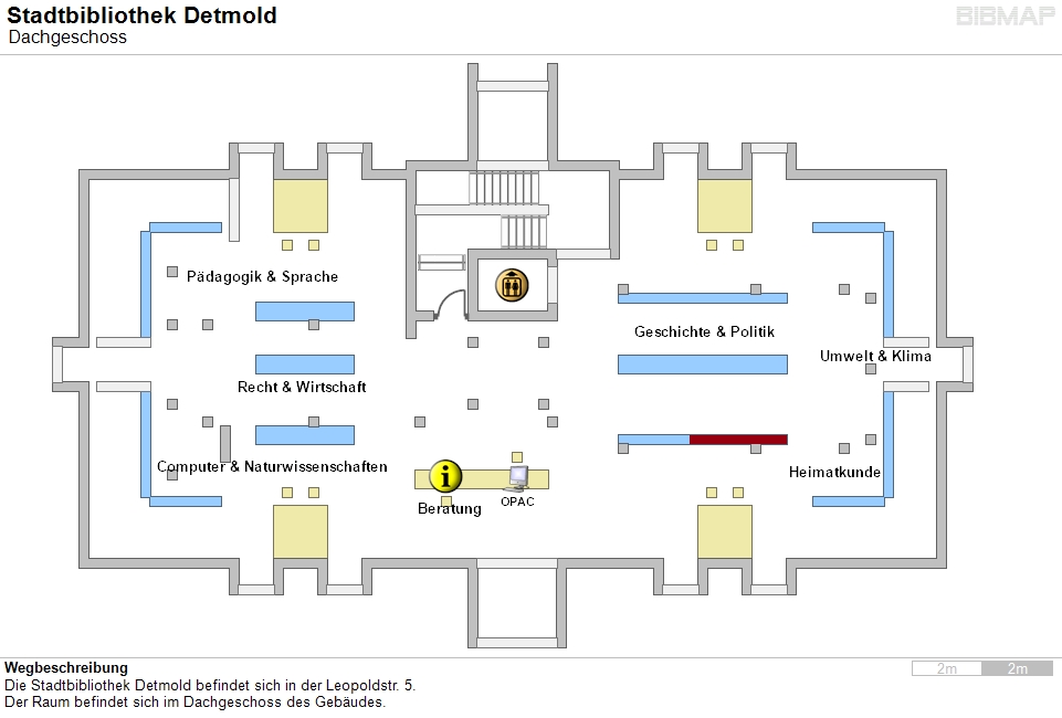 Bild zur Standortanzeige Wegbeschreibung
Die Stadtbibliothek Detmold befindet sich in der Leopoldstr. 5.
Der Raum befindet sich im Dachgeschoss des Gebudes.