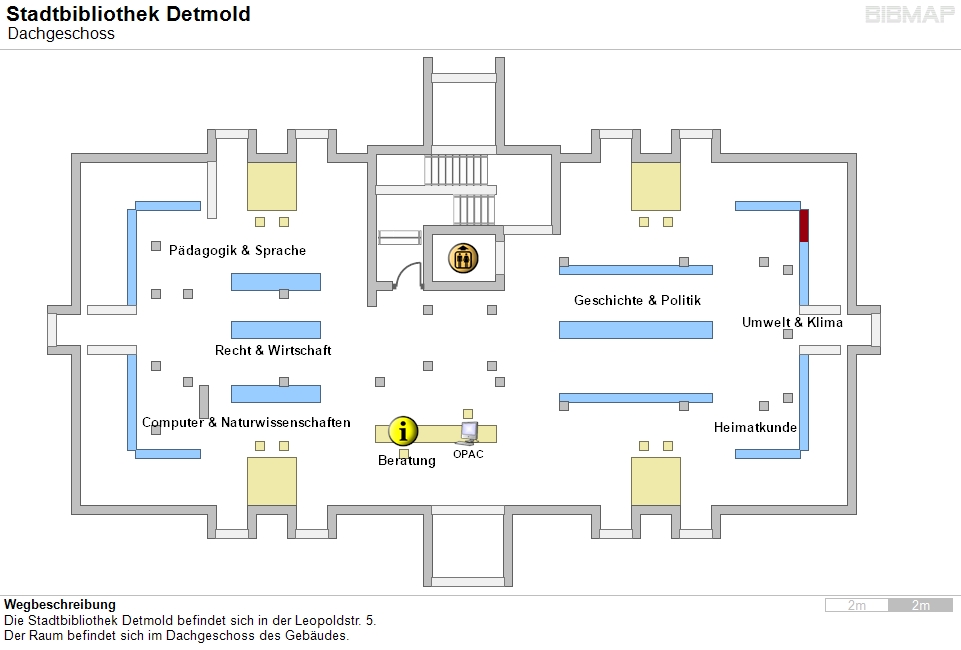 Bild zur Standortanzeige Wegbeschreibung
Die Stadtbibliothek Detmold befindet sich in der Leopoldstr. 5.
Der Raum befindet sich im Dachgeschoss des Gebudes.