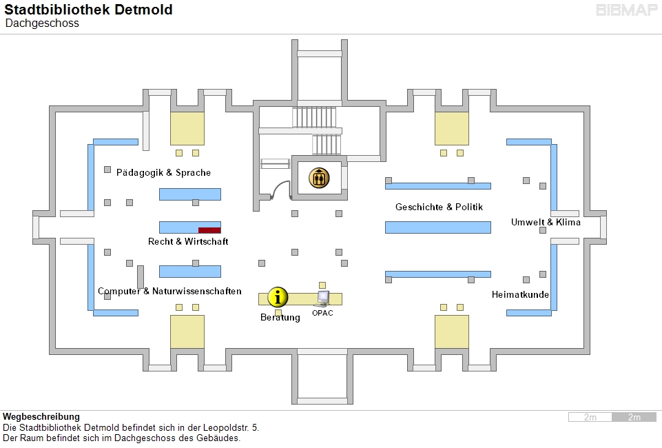 Bild zur Standortanzeige Wegbeschreibung
Die Stadtbibliothek Detmold befindet sich in der Leopoldstr. 5.
Der Raum befindet sich im Dachgeschoss des Gebudes.
