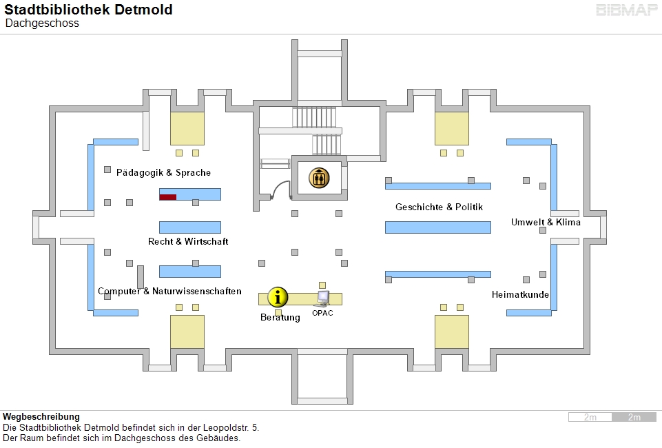 Bild zur Standortanzeige Wegbeschreibung
Die Stadtbibliothek Detmold befindet sich in der Leopoldstr. 5.
Der Raum befindet sich im Dachgeschoss des Gebudes.