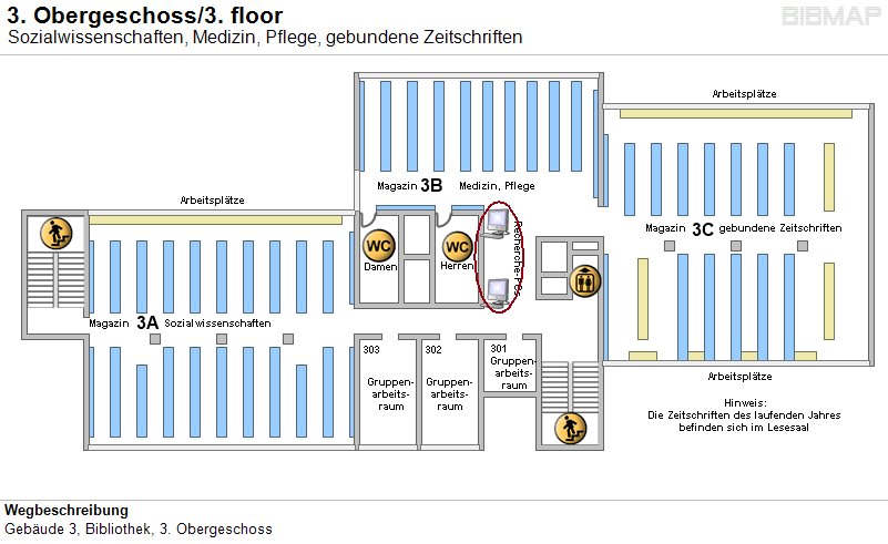 Bild zur Standortanzeige Wegbeschreibung
Gebude 3, Bibliothek, 3. Obergeschoss