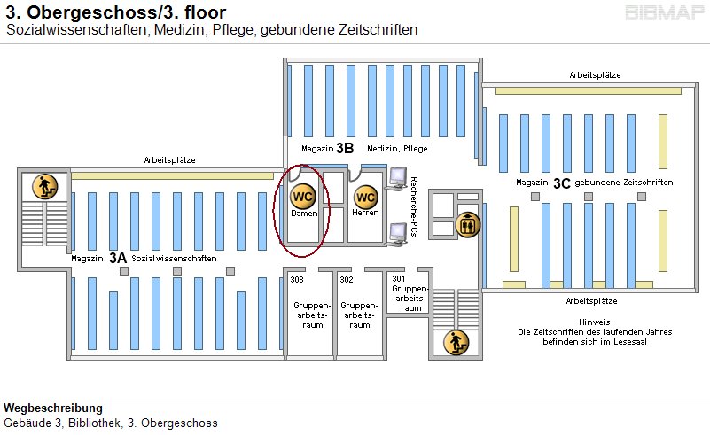 Bild zur Standortanzeige Wegbeschreibung
Gebude 3, Bibliothek, 3. Obergeschoss